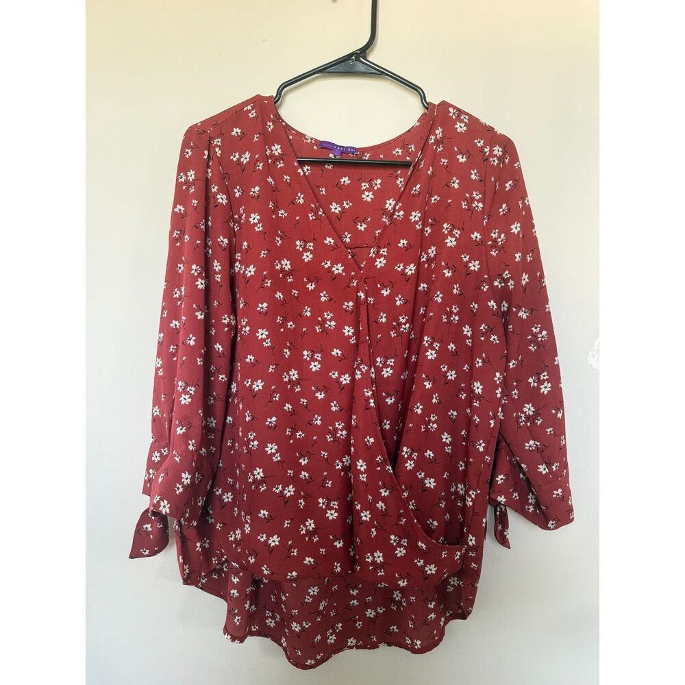 West Kei Rust Red Floral Faux Wrap V-Neck Blouse with Tie Cuffs - Size Large